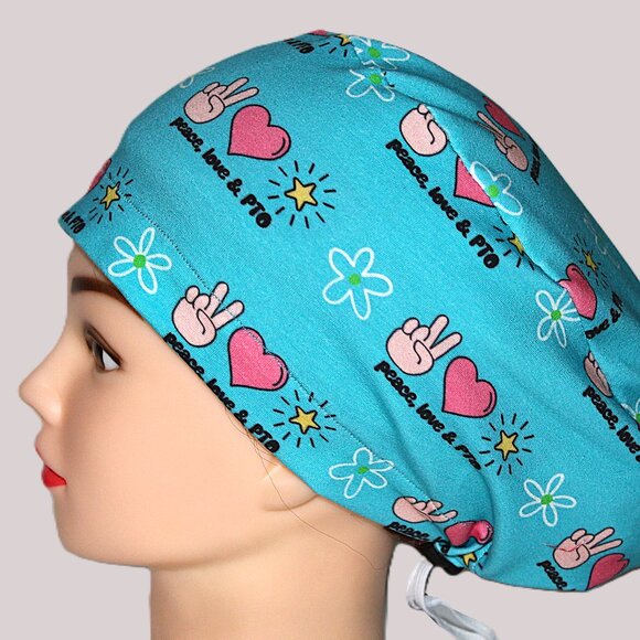 Womens Euro Scrub Cap Peace Love PTO - Handmade - Picture 3 of 8